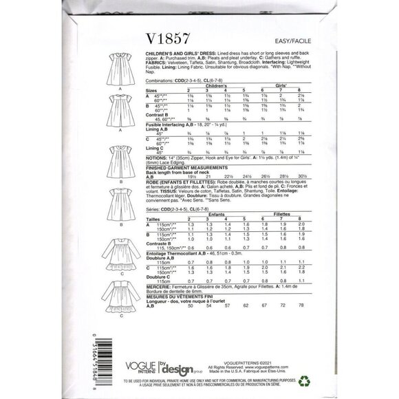 Vogue V1857 Girls 2T to 5 Easy Dresses Uncut Sewing Pattern - Picture 2 of 2